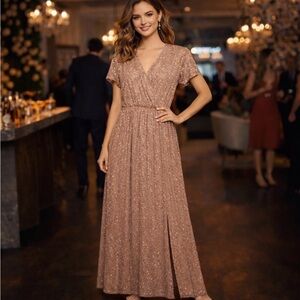 Garnet Hill Jersey Sequin Maxi Dress Sz M Beige Lined New Years Party Holiday